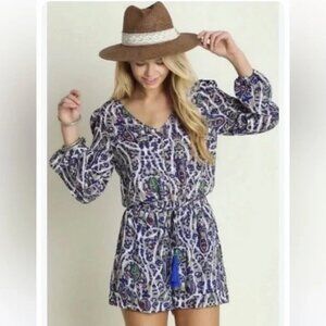 Umgee Royal Blue Paisley Boho Bell Sleeves Romper Lined Shorts Jumpsuit. SZ: L